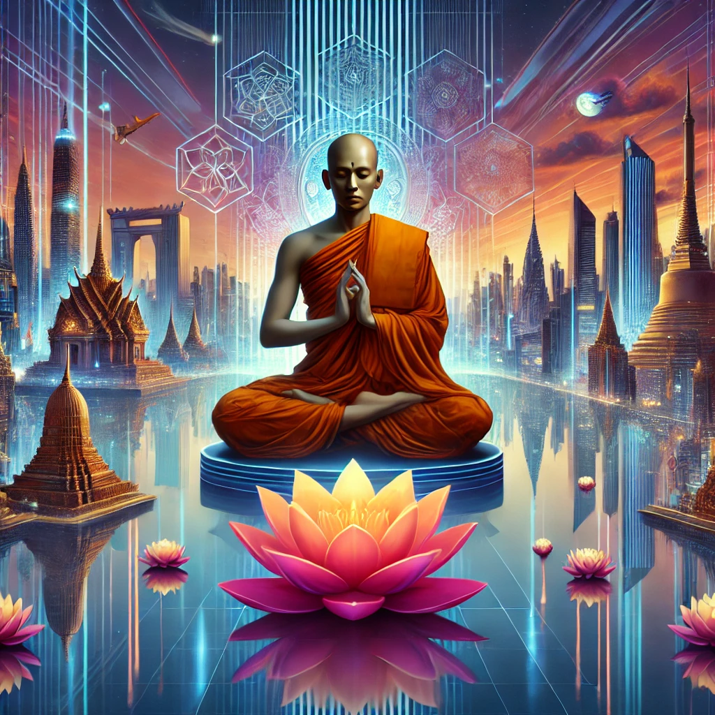 Ilustración digital de un monje budista meditando en una ciudad futurista, combinando elementos tradicionales como una flor de loto con un paisaje urbano moderno de rascacielos y luces de neón.
